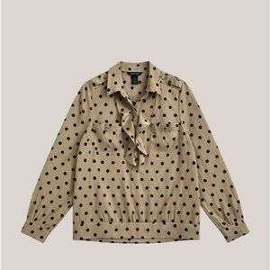 Vintage Tan & Black Polka Dot Ruffle Blouse - Retro Career Chic